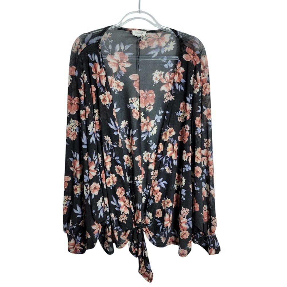 Siren Lily Women 2X Kimono Top Black Floral Mesh Sheer Tie Front Oversized Boho